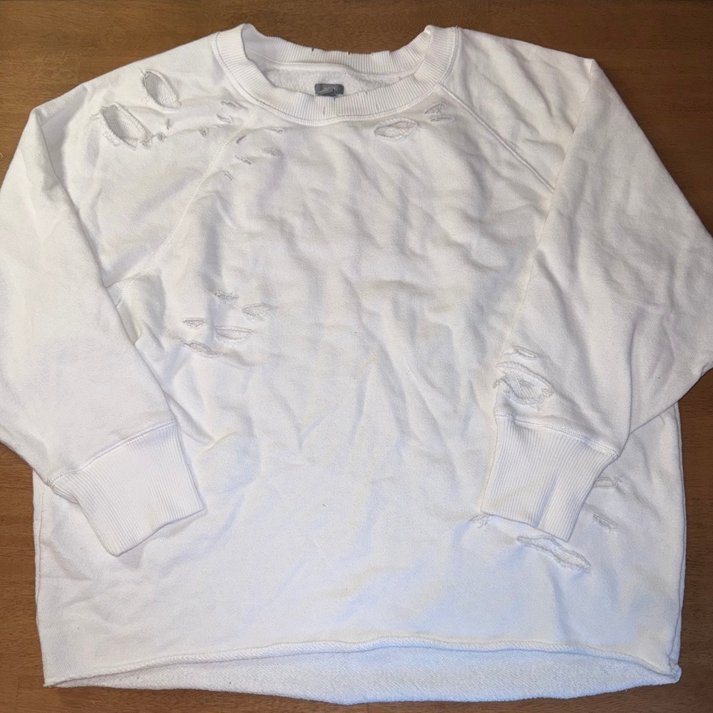 Aerie Distressed White Crewneck Sweatshirt Raglan Pullover Large